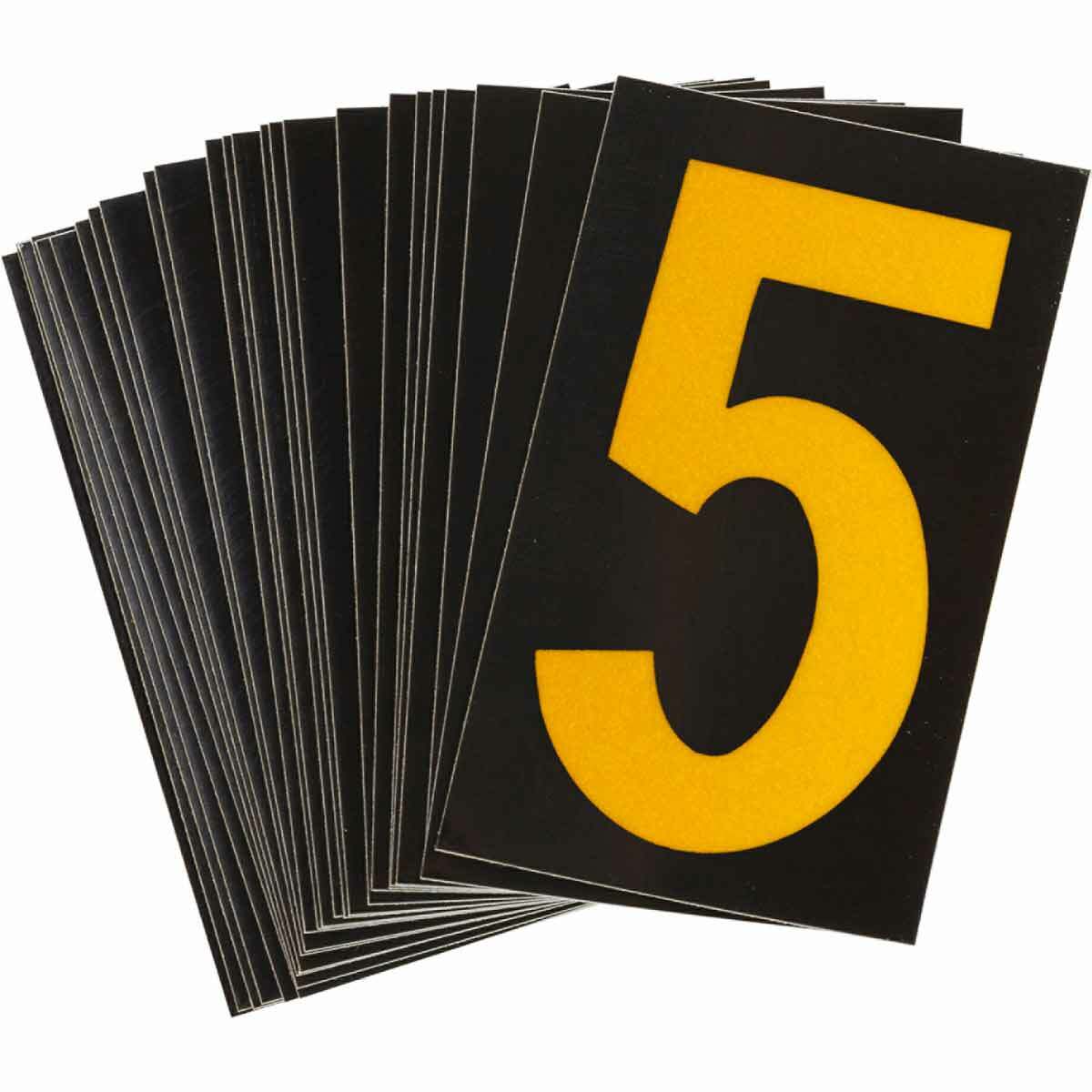 5000-5 Engineer Grade Reflective Number Label, Yellow 5 Character, 2-1/2 in H, Black Background, B-997 Retroreflective Sheeting