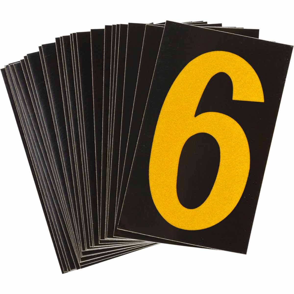 5000-6 Engineer Grade Reflective Number Label, Yellow 6 Character, 2-1/2 in H, Black Background, B-997 Retroreflective Sheeting