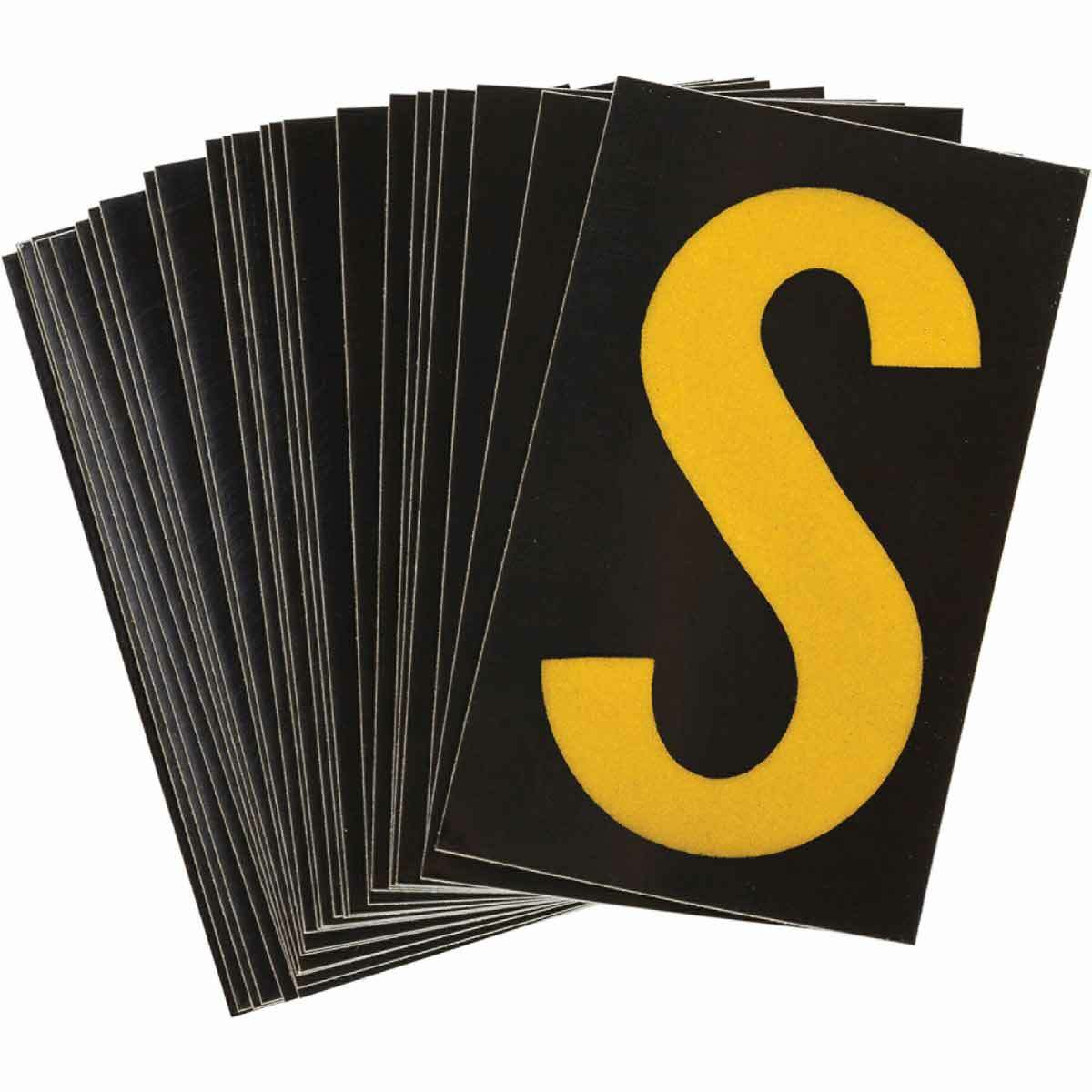 5000-S Engineer Grade Reflective Letter Label, Yellow S Character, 2-1/2 in H, Black Background, B-997 Retroreflective Sheeting