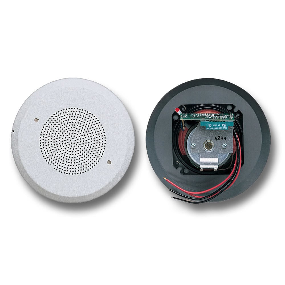 SelecTone Ceiling Mount Amplified Speaker, 120VAC - Available in 24VAC/DC and 120VAC. Attractive round ceiling grille. Built-in gain control, adjustable between 64 dBa to 88 dBa at 10 feet (74 dBa to 98 dBa at 1 meter). Appropriate for office environments. Type 1, IP41 enclosure. UL and cUL Listed, CSFM Approved.
