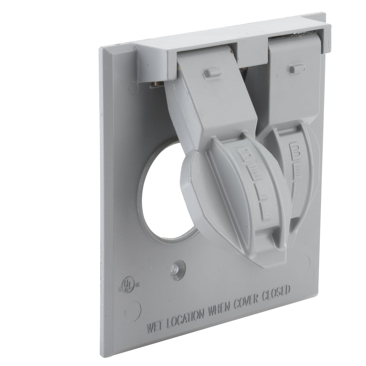 5157-0 Weatherproof Flip Cover, 1.406 in Dia, 4.531 in L x 4-17/32 in W x 7/8 to 3-5/8 in D, Flip/Snap/(2) Single 1.406 in Receptacle Cover, Die Cast Aluminum