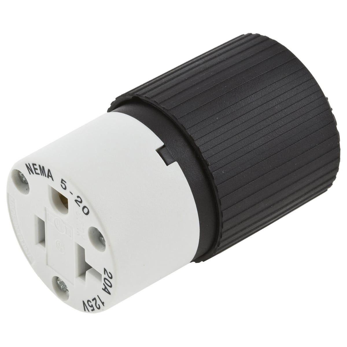 520SC Straight Body Straight Blade Connector, 125 V AC, 20 A, 2 Poles, 3 Wires, Black/White