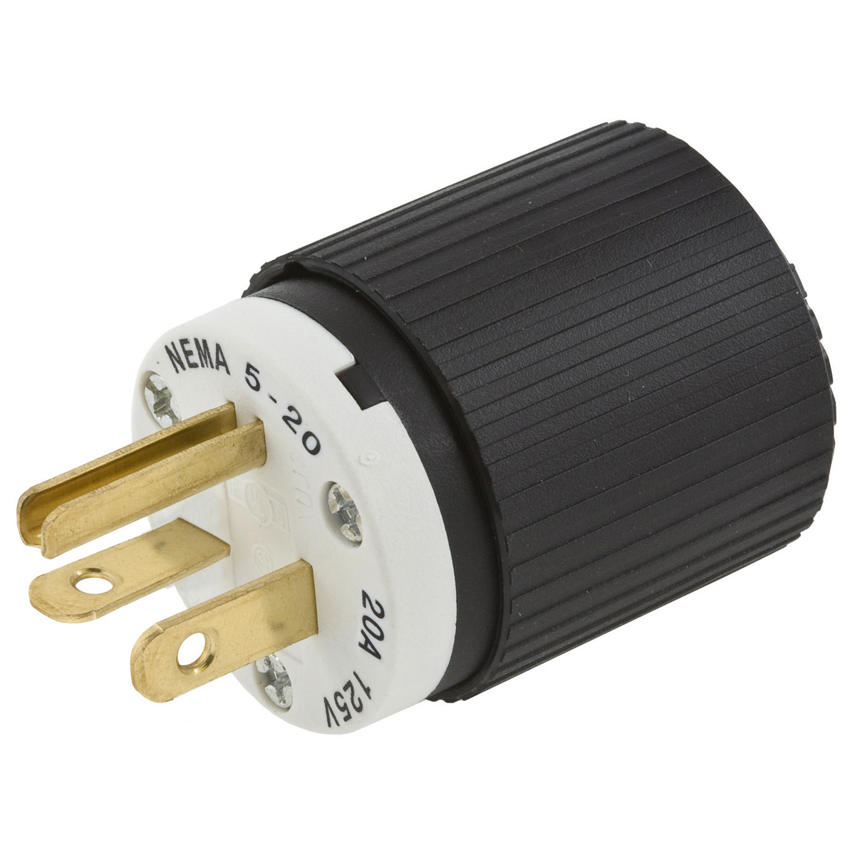 520SP 1-Phase Straight Blade Plug, 125 V AC, 20 A, 2 Poles, 3 Wires, Black
