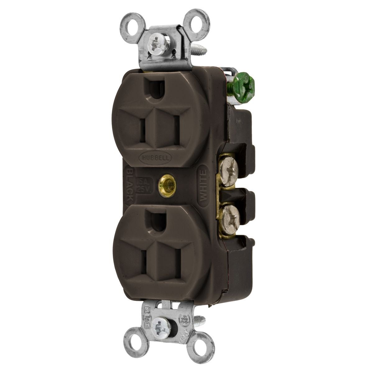 5262B 1-Phase Duplex Heavy Duty Standard Screw Mount Straight Blade Receptacle, 125 V AC, 15 A, 2 Poles, 3 Wires, Brown