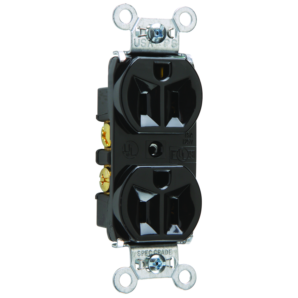 5262BK 15 Amp 125V Hard Use Spec-Grade Duplex Receptacle, Back and Side Wire, Black