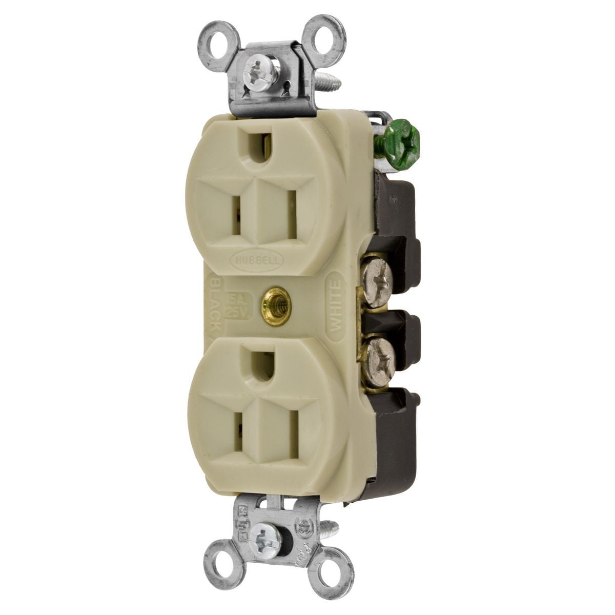 5262I 1-Phase Duplex Grounding Heavy Duty Standard Traditional Screw Mount Straight Blade Receptacle, 125 V AC, 15 A, 2 Poles, 3 Wires, Ivory