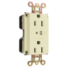 Surge Protective Extra Heavy-Duty Duplex Receptacle offers increased transient protection, reliability and protection notification (Audible Alarm with LED Indicator). Back and, Side Wire, 15amp 125volt, Ivory.