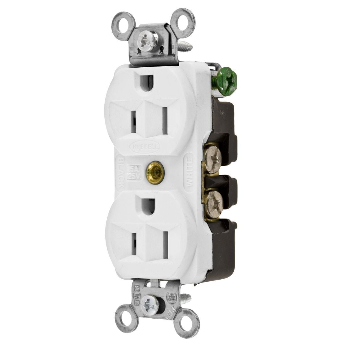 5262W 1-Phase Duplex Heavy Duty Standard Screw Mount Straight Blade Receptacle, 125 V AC, 15 A, 2 Poles, 3 Wires, White