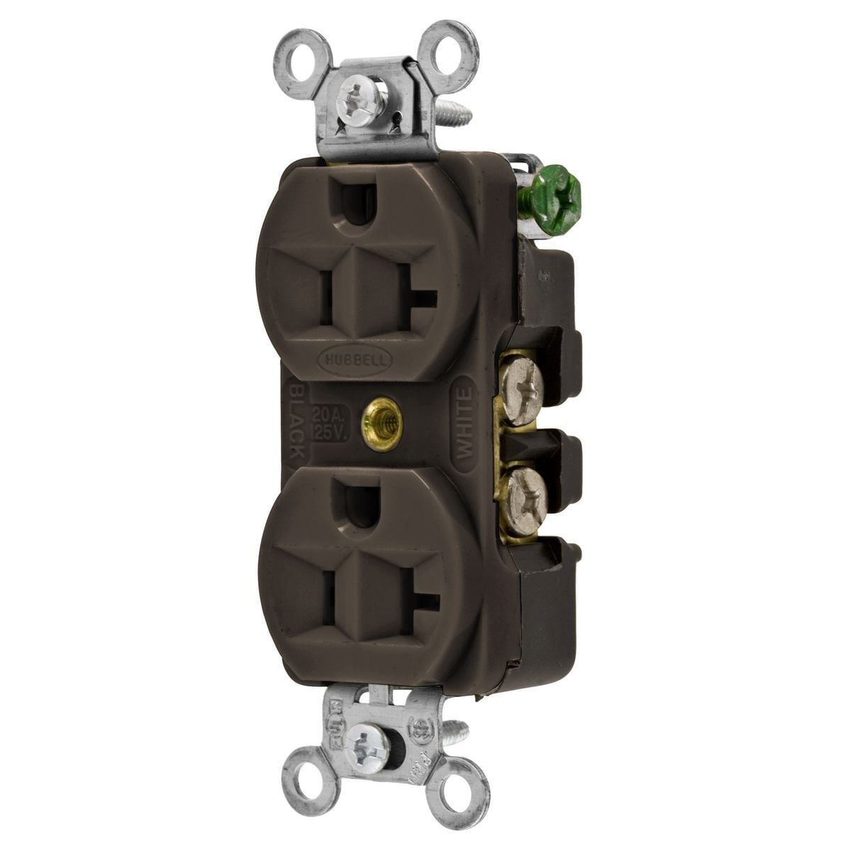 5362B 1-Phase Duplex Heavy Duty Self-Grounding Standard Traditional Screw Mount Straight Blade Receptacle, 125 V AC, 20 A, 2 Poles, 3 Wires, Brown
