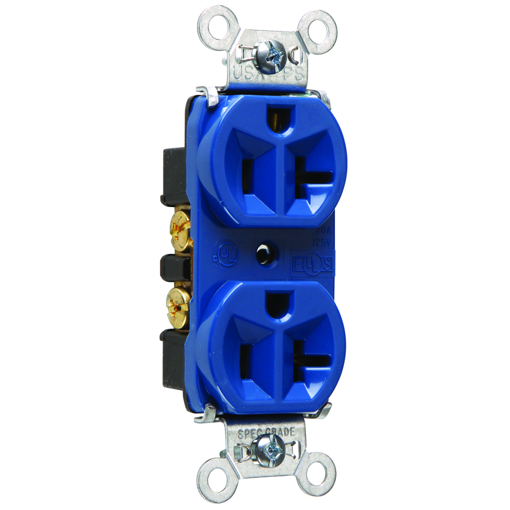 5362BL 20 Amp 125V Hard Use Spec-Grade Duplex Receptacle, Back and Side Wire, Blue