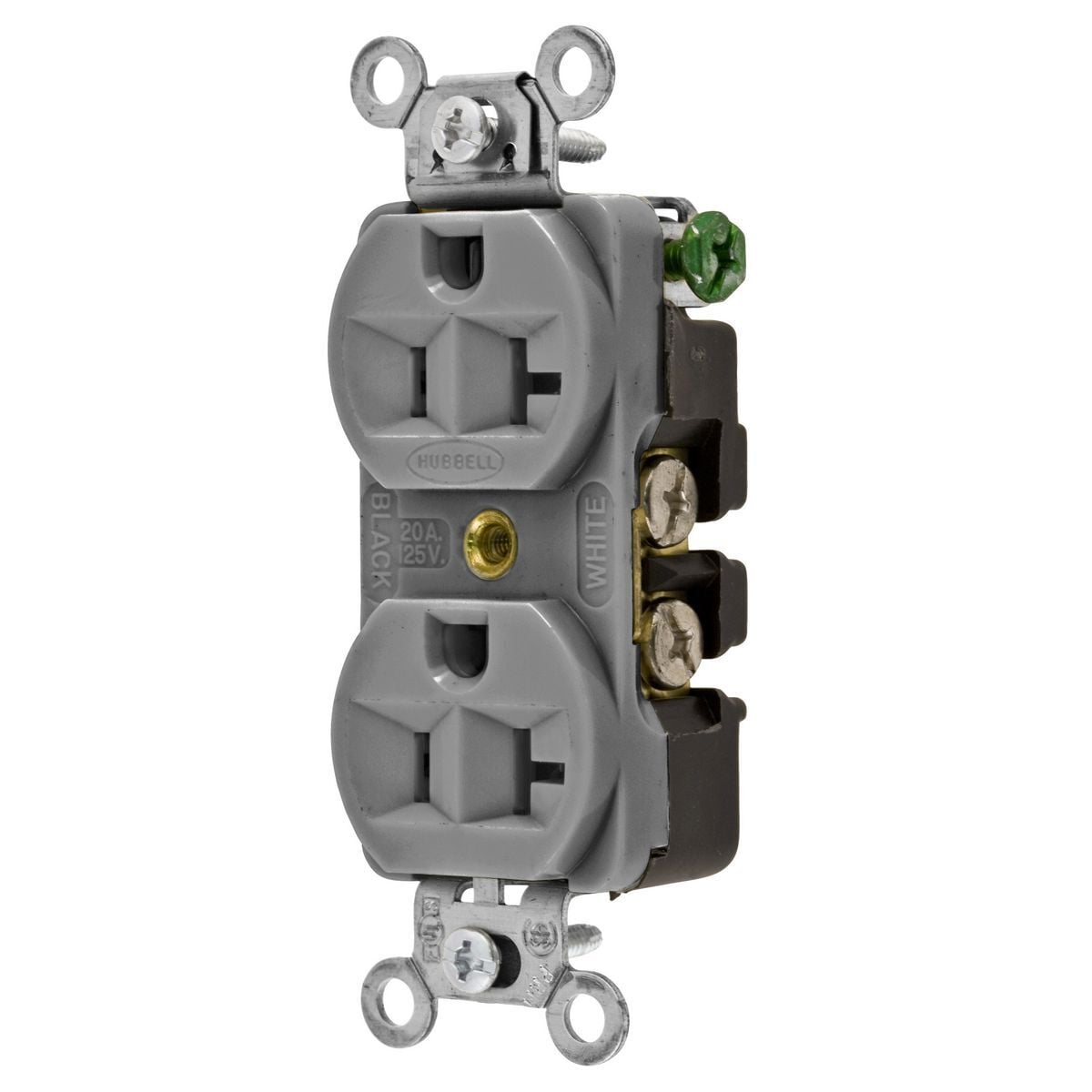 5362G 1-Phase Duplex Heavy Duty Standard Screw Mount Straight Blade Receptacle, 125 V AC, 20 A, 2 Poles, 3 Wires, Gray