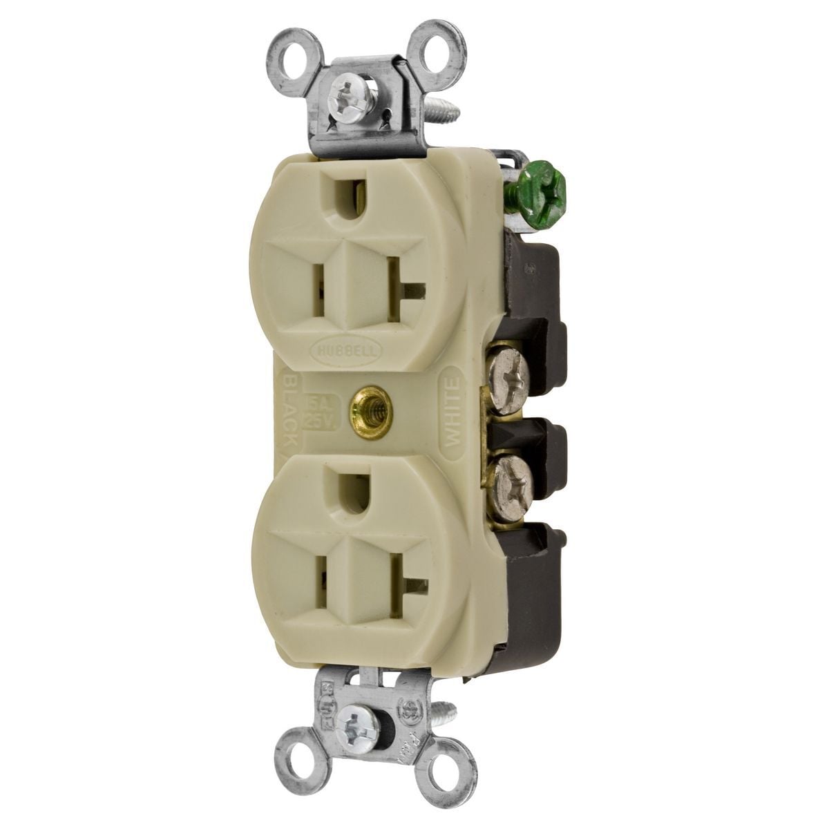 5362I 1-Phase Duplex Heavy Duty Self-Grounding Standard Traditional Screw Mount Straight Blade Receptacle, 125 V AC, 20 A, 2 Poles, 3 Wires, Ivory