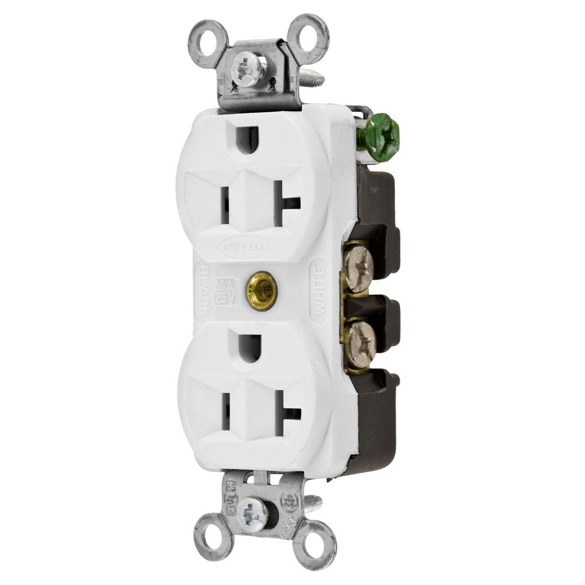5362W 1-Phase Duplex Heavy Duty Self-Grounding Standard Traditional Screw Mount Straight Blade Receptacle, 125 V AC, 20 A, 2 Poles, 3 Wires, White