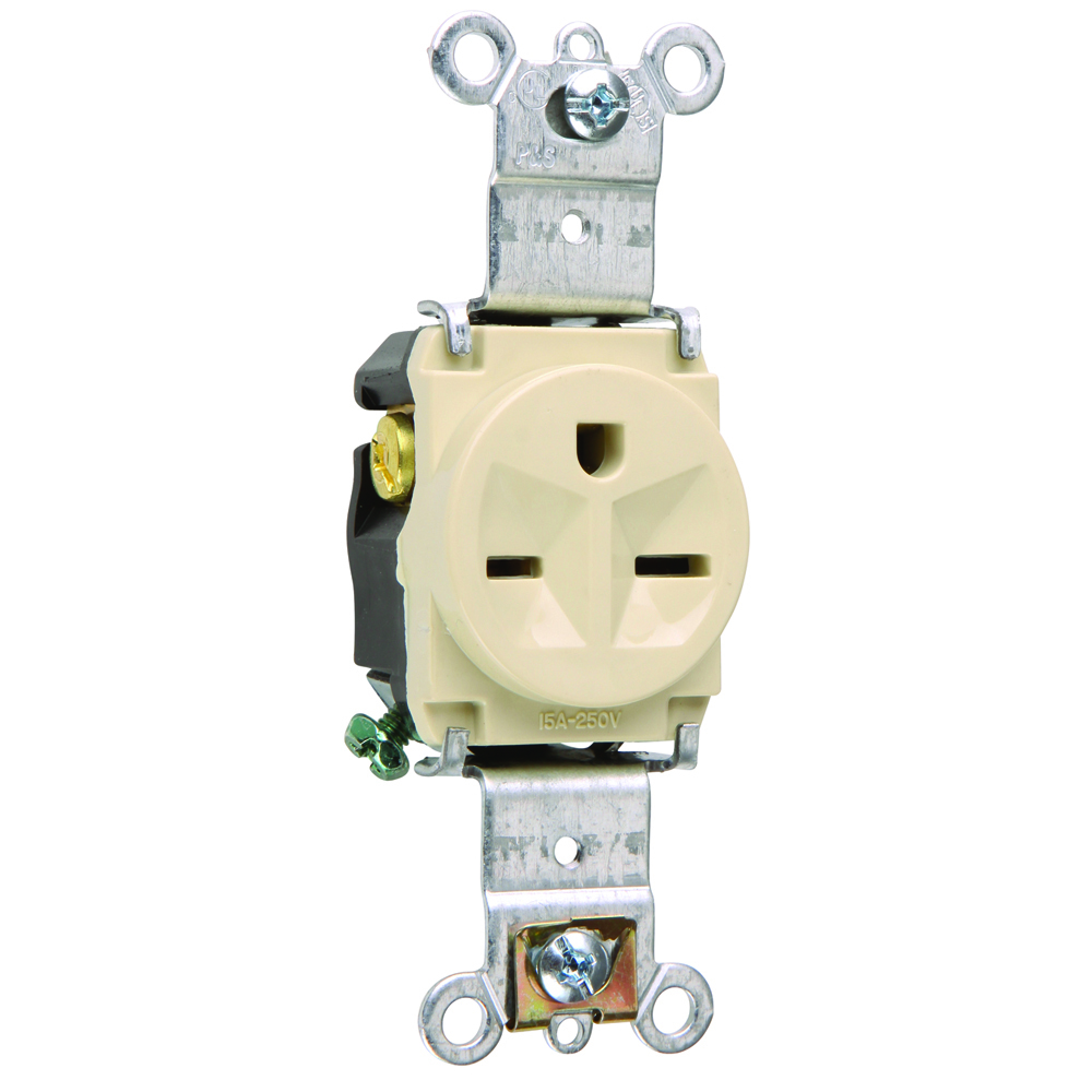 5671I Heavy Duty Single Straight Blade Receptacle, 250 VAC, 15 A, 2 Poles, 3 Wires, Ivory