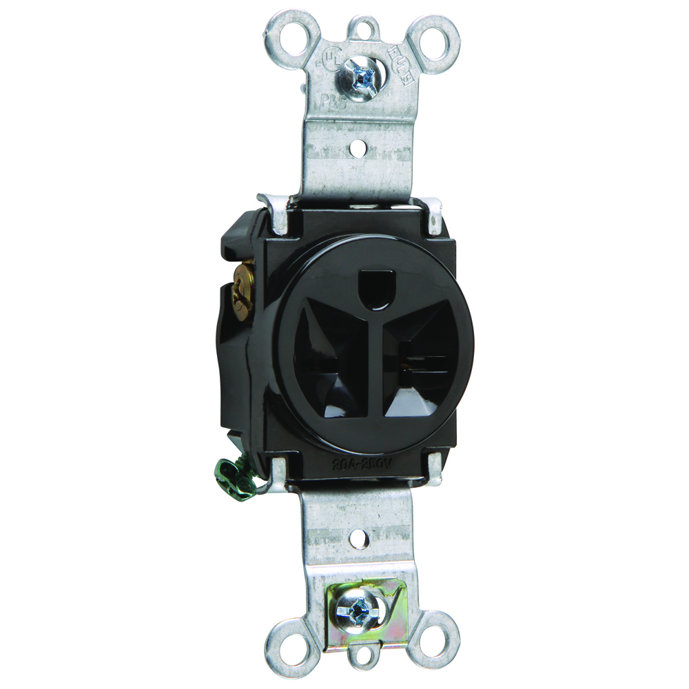 5871BK Heavy Duty Single Straight Blade Receptacle, 250 VAC, 20 A, 2 Poles, 3 Wires, Black