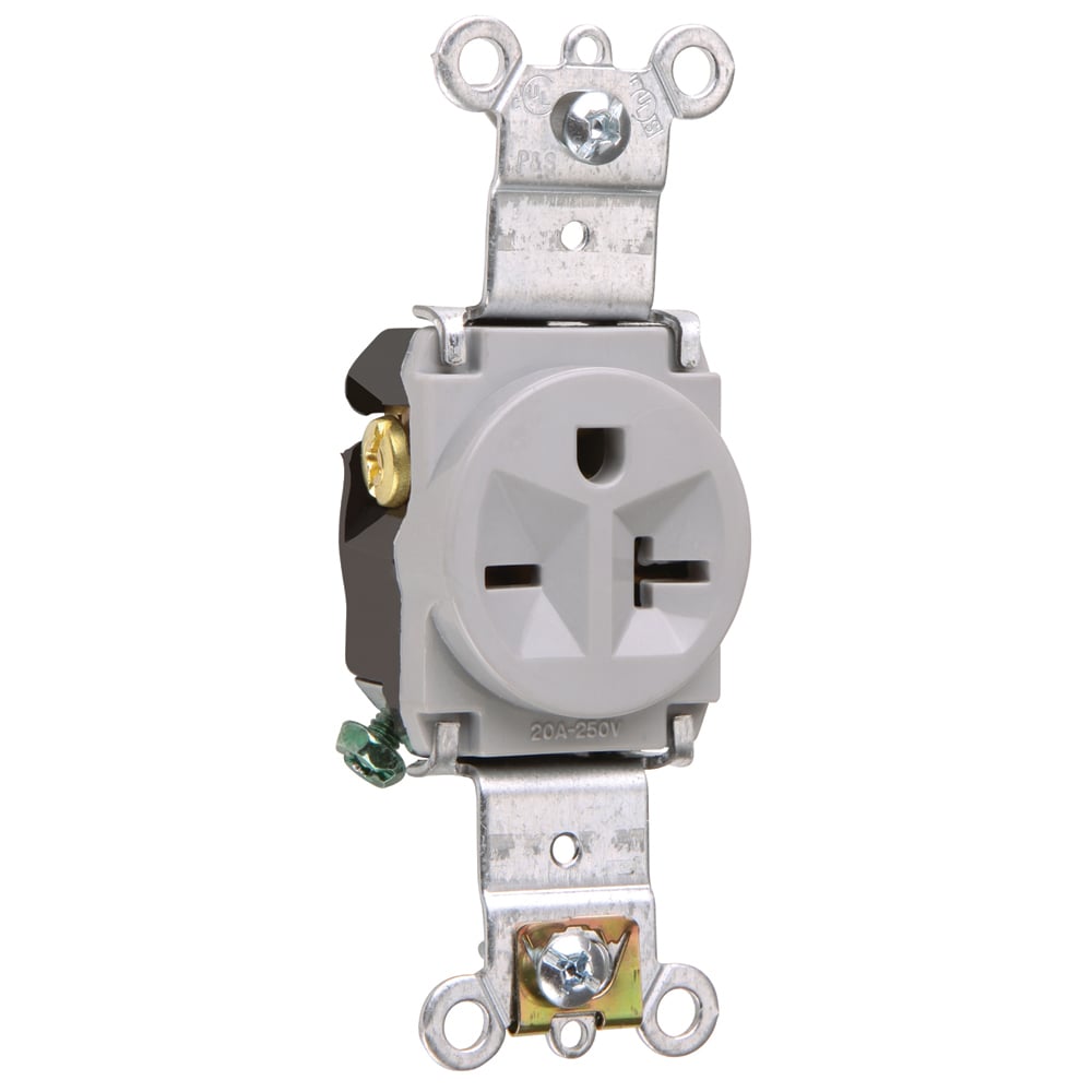 5871GRY Heavy Duty Single Straight Blade Receptacle, 250 VAC, 20 A, 2 Poles, 3 Wires, Gray