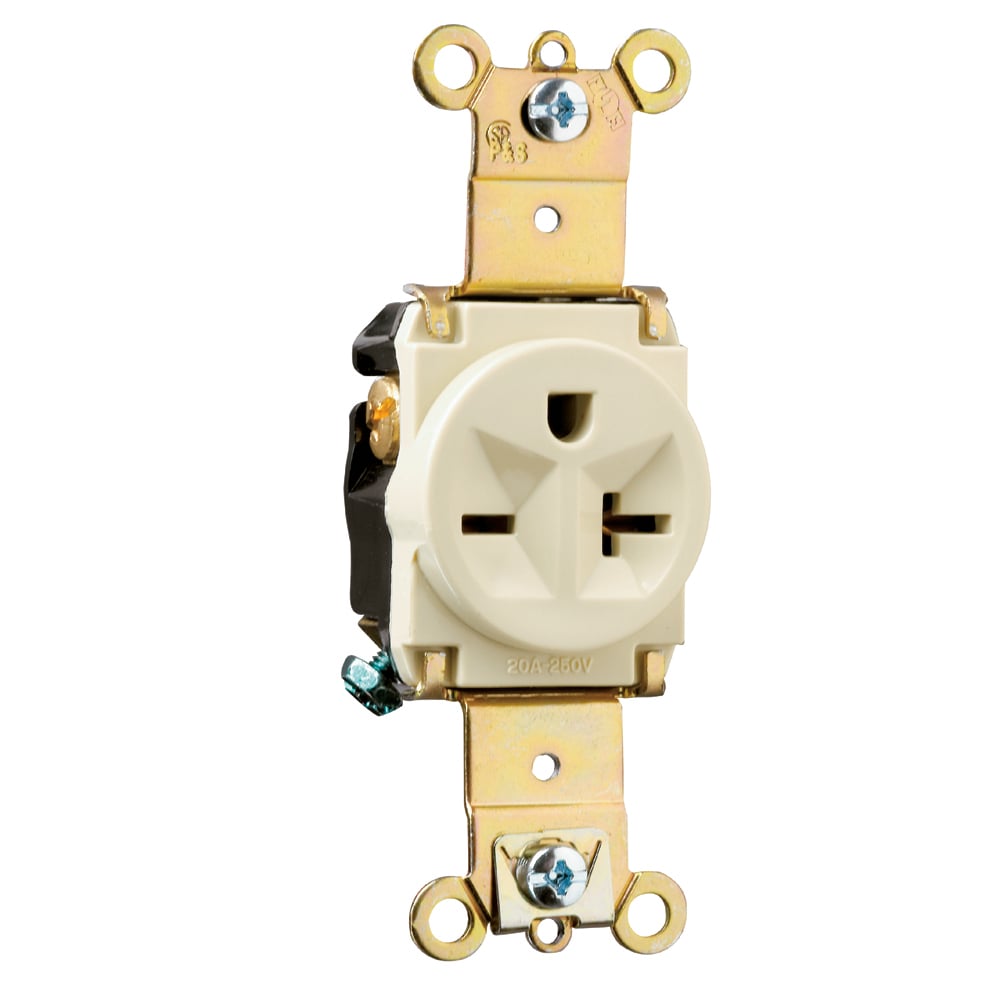 5871I Heavy Duty Single Straight Blade Receptacle, 250 VAC, 20 A, 2 Poles, 3 Wires, Ivory