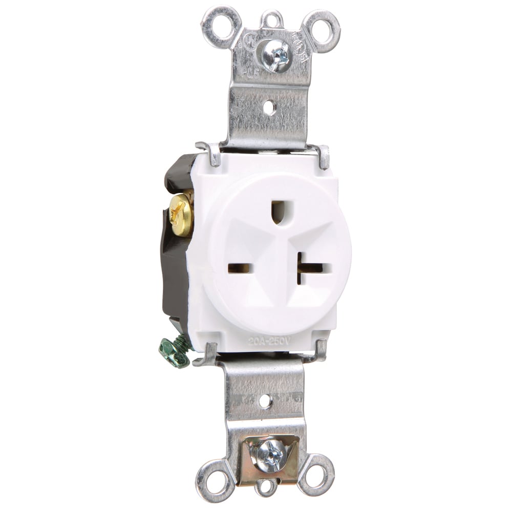 5871W Heavy Duty Single Straight Blade Receptacle, 250 VAC, 20 A, 2 Poles, 3 Wires, White