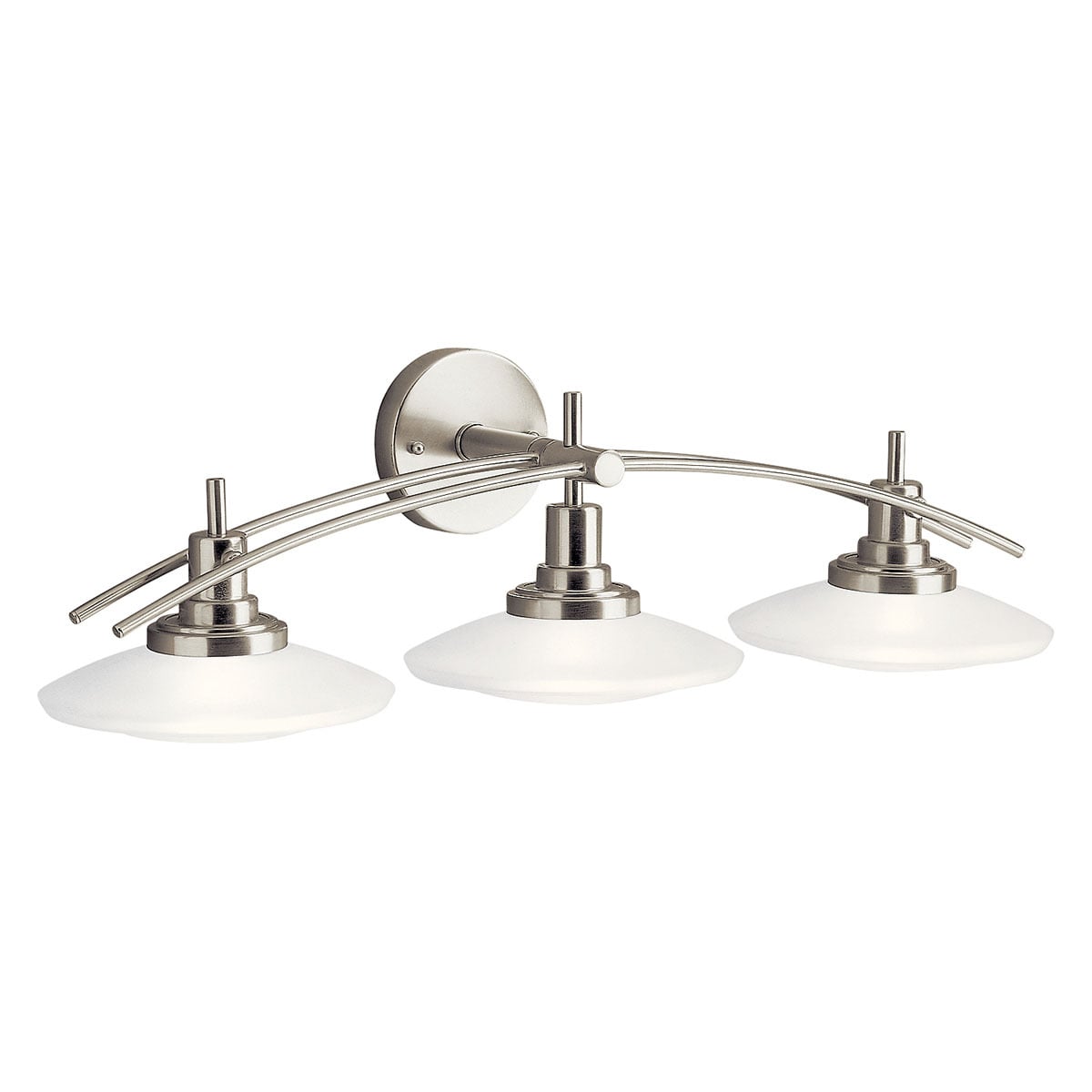 The Structures(TM) 30in; 3 light vanity light features a contemporary look with its Brushed Nickel finish and satin etched glass. Inspired by bridges, the Structures vanity light works in several aesthetic environments, including transitional and modern.