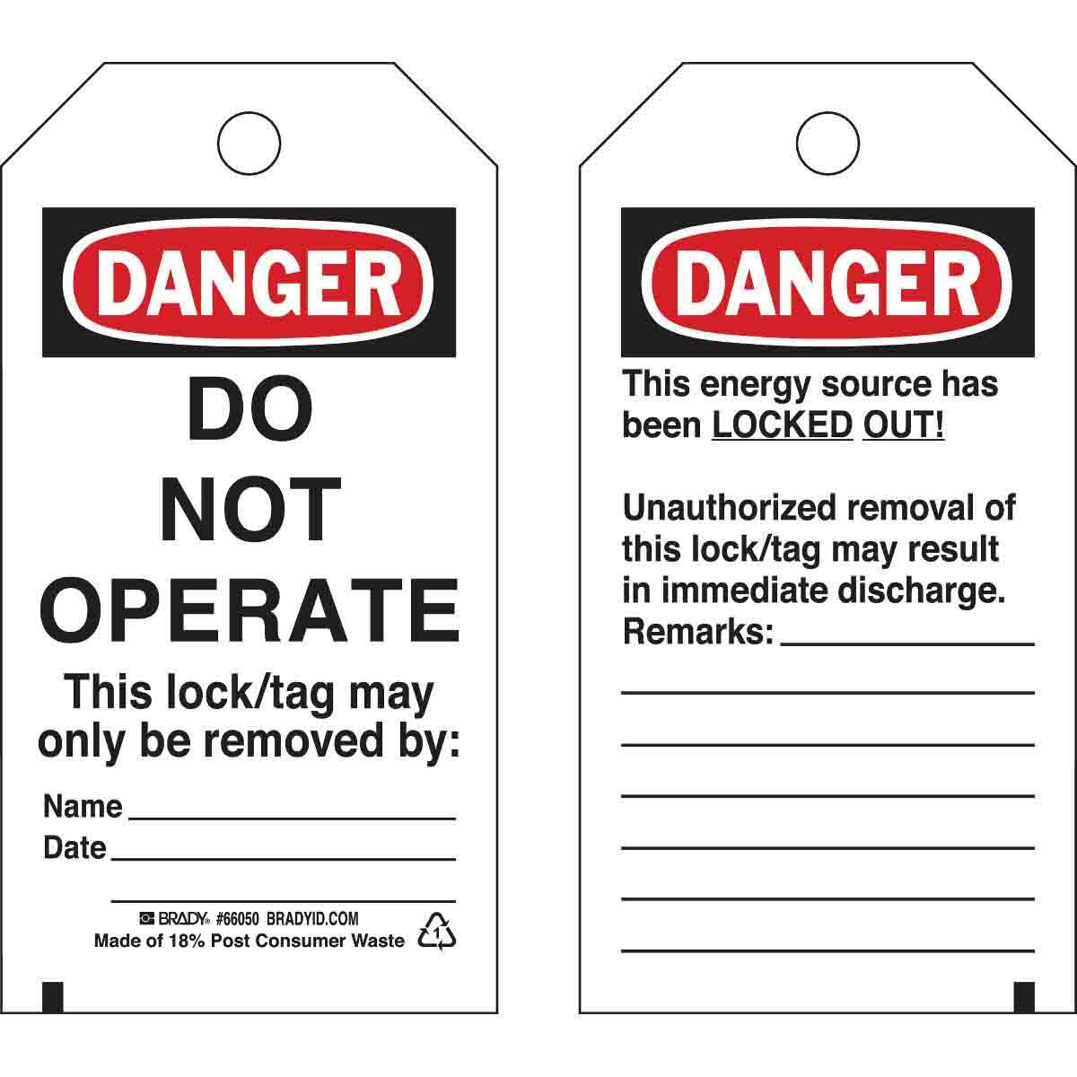 65502 Rectangular Lockout Tag, 5-3/4 in H x 3 in W, Black/Red on White, 3/8 in Hole, B-837 Polyester