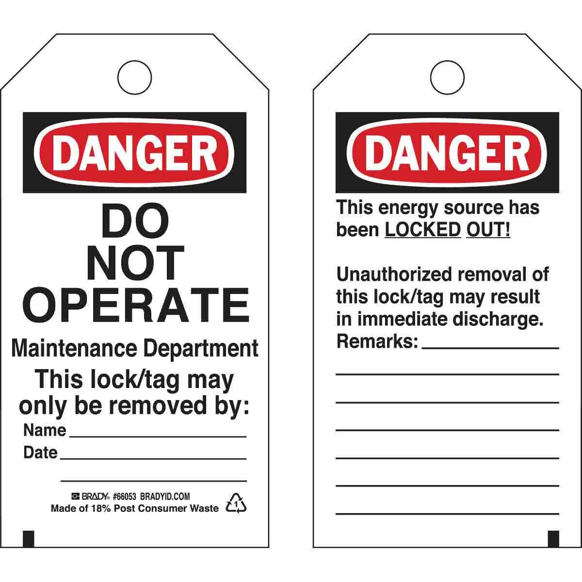 65503 Rectangular Lockout Tag, 5-3/4 in H x 3 in W, Black/Red on White, 3/8 in Hole, B-837 Polyester