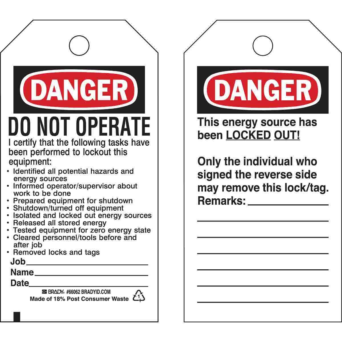 65524 Laminated Rectangular Lockout Tag, 5-3/4 in H x 3 in W, Black/Red on White, 3/8 in Hole, B-837 Polyester