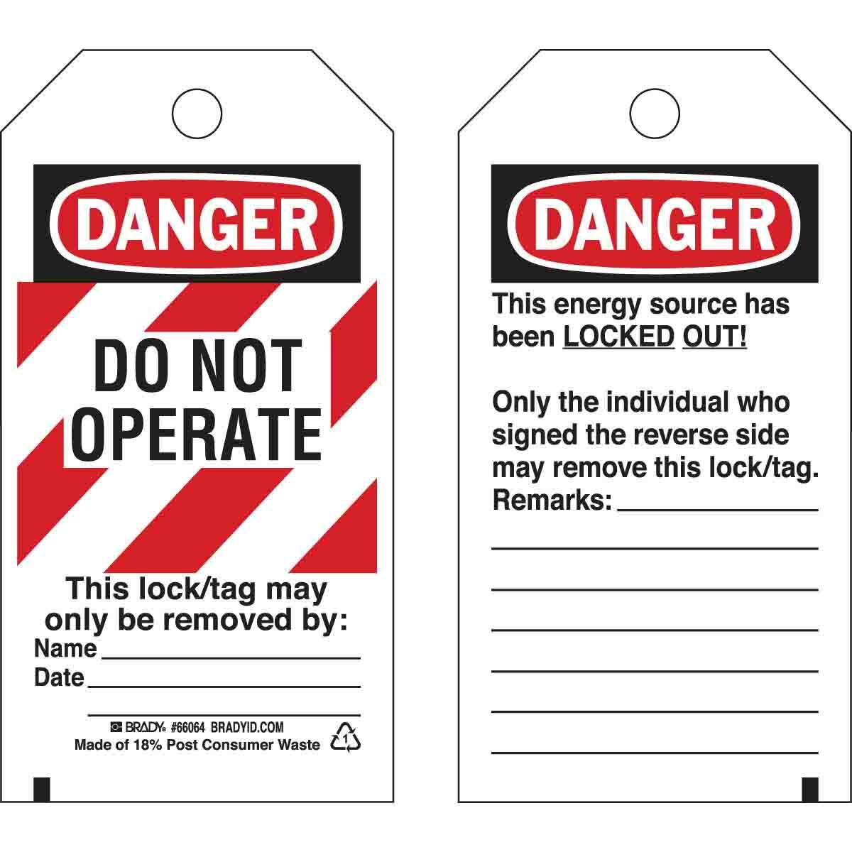 65525 Laminated Rectangular Lockout Tag, 5-3/4 in H 3 in W, 3/8 in Hole, B-837 Paper/Polyester