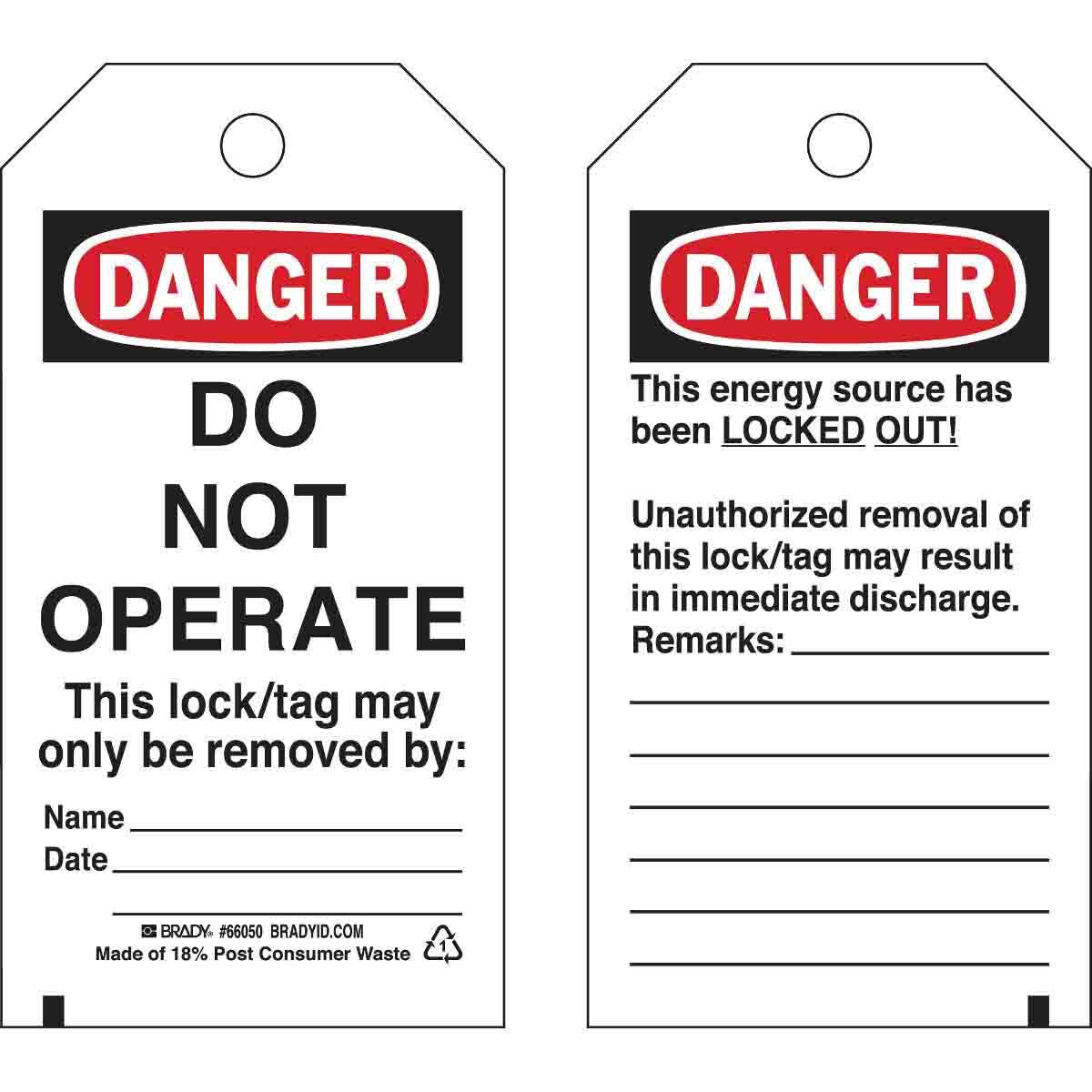 66050 Rectangular Self-Laminating Lockout Tag, 5-3/4 in H x 3 in W, Black/Red on White, 3/8 in Hole, B-851 Polyester