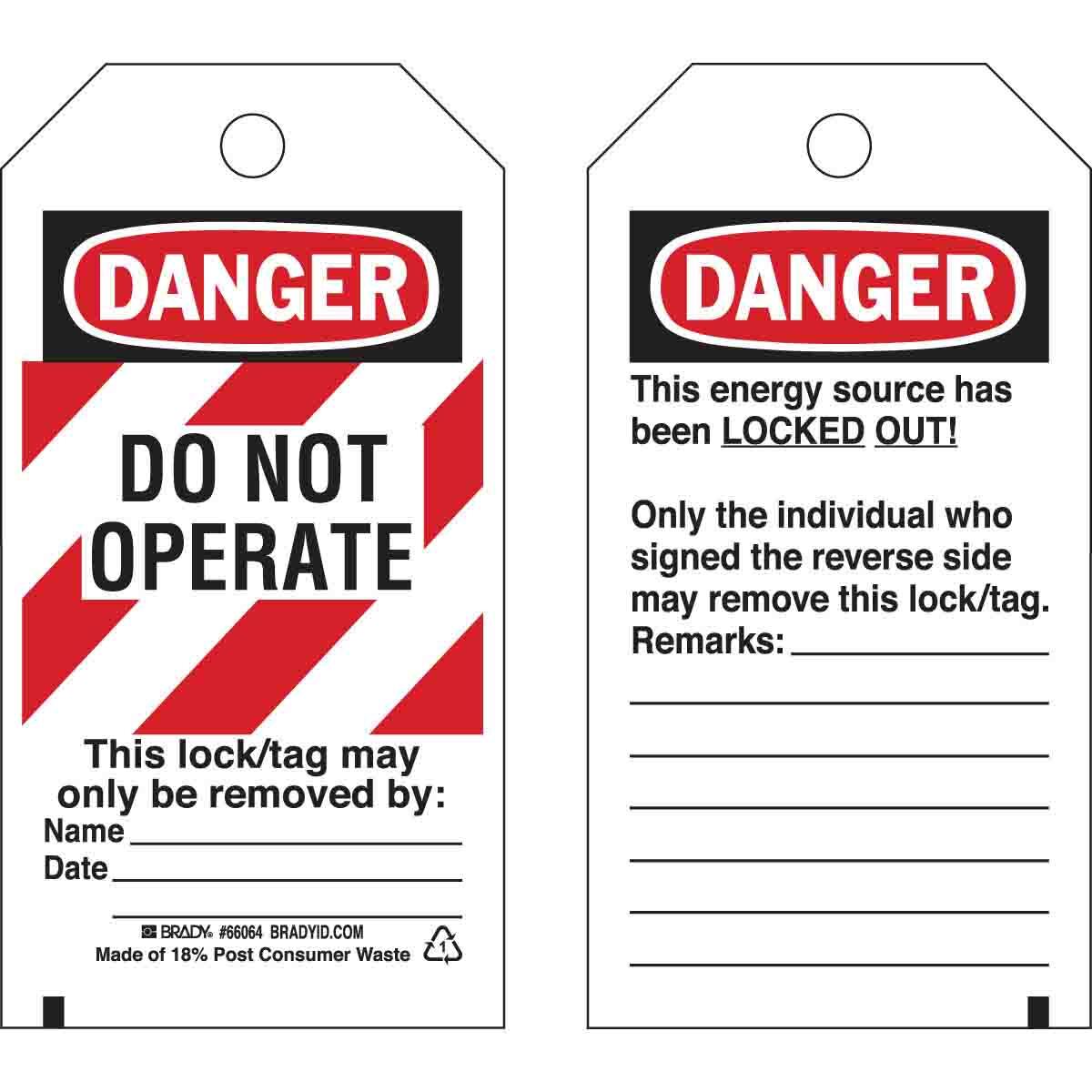 66064 Rectangular Self-Laminating Lockout Tag, 5-3/4 in H x 3 in W, Black/Red on White, 3/8 in Hole, B-851 Polyester