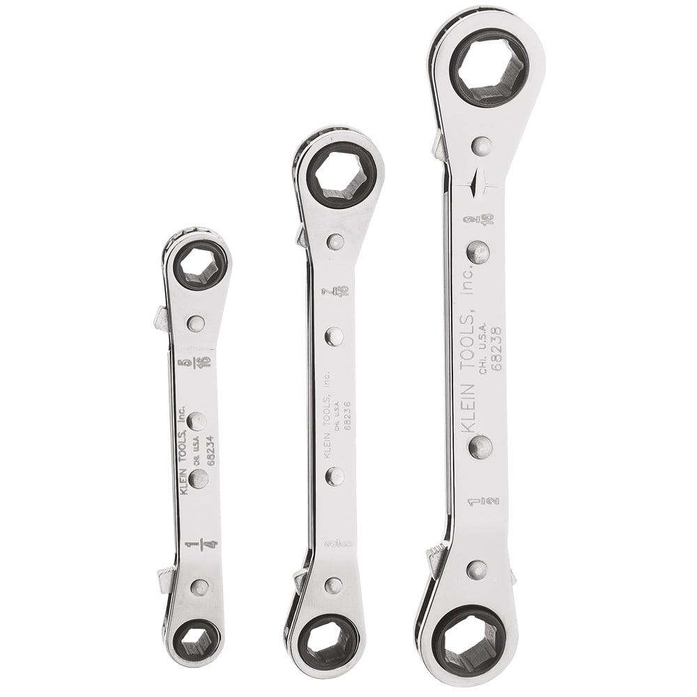68244 Offset Ratcheting Reversible Box Wrench Set, 3 Pieces, 1/4 x 5/16 in, 3/8 x 7/16 in, 1/2 x 9/16 in, Polished Chrome