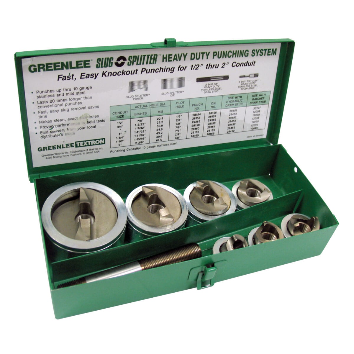 7307 Slug-Splitter SC Hydraulic Kit Knockout Punch Kit, For Conduit/Pipe Dia: 1/2 to 2 in, 10 ga THK Max Stainless Steel