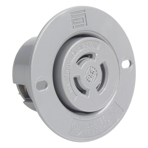 7557-SS Turnlok 3-Phase Round Portable Service Cord Flanged Outlet, 250 VAC, 15 A, 2 Poles, 3 Wires, Gray