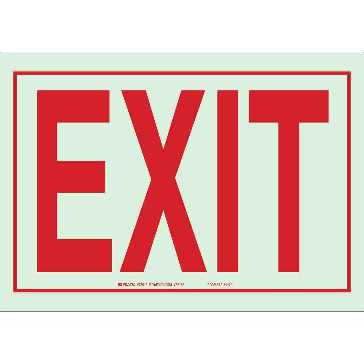 80215 Glow-In-The-Dark Rectangular Exit Sign, No Header, 7 in H x 10 in W, Red on Glow, B-324 Polyester, Adhesive Mount