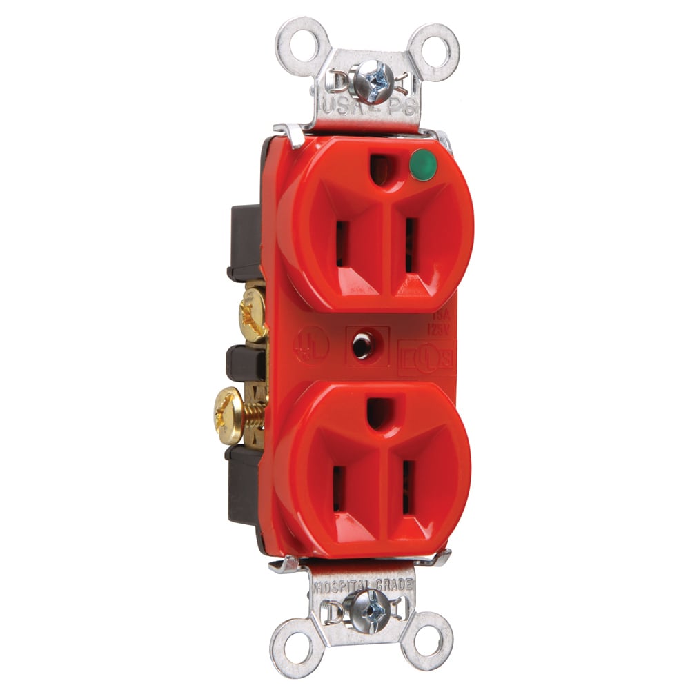 8200HRED 15 Amp 125V Heavy Duty Hospital-Grade Compact Duplex Receptacle, Back and Side Wire, Red