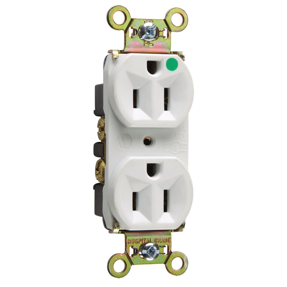 8200HW 15 Amp 125V Heavy Duty Hospital-Grade Compact Duplex Receptacle, Back and Side Wire, White
