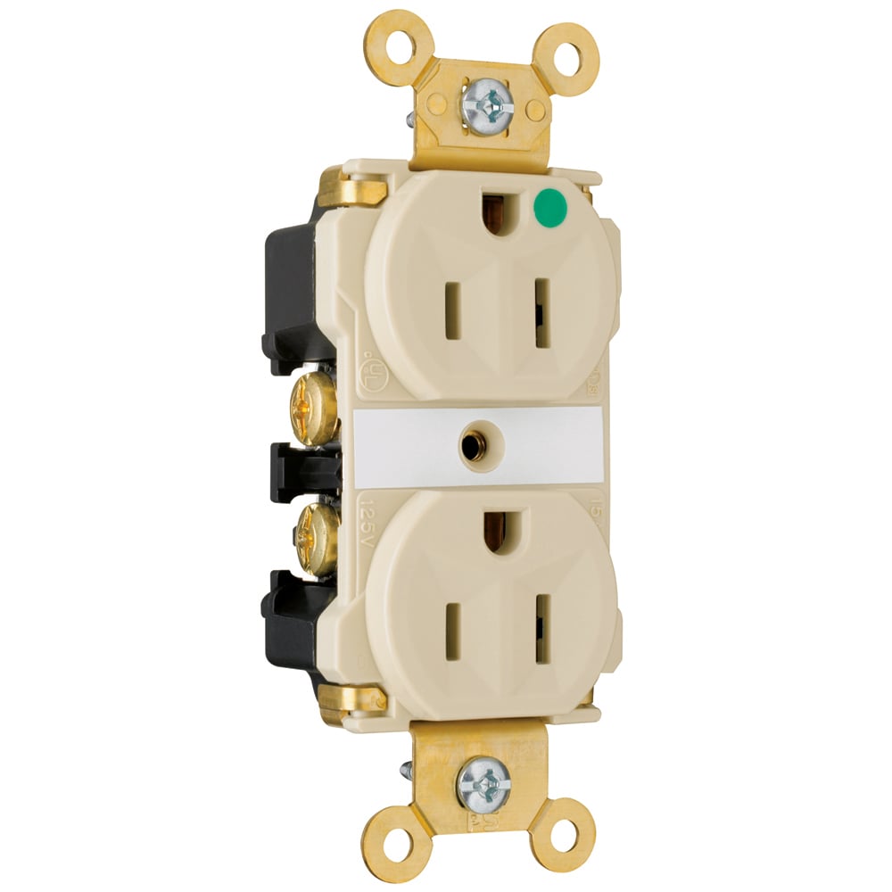 8200ILI 15 Amp 125V Extra Heavy Duty Hospital-Grade LED Illuminated Face Duplex Receptacle, Back and Side Wire, Ivory