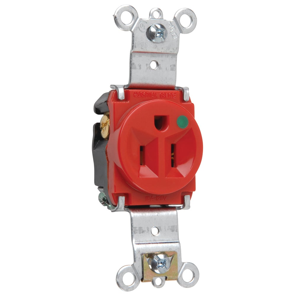 8201RED Heavy Duty Single Receptacle, Back and Side Wire, 15 Amp, 125V, Red