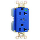 Hospital Grade Surge Protective Duplex Receptacle offers increased transient protection, reliability and protection notification (Audible Alarm with LED Indicator). Back and, Side Wire, 20amp 125volt, Blue.