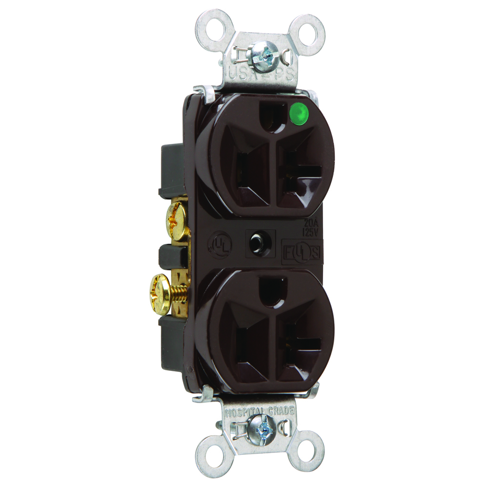 8300H 20 Amp 125V Heavy Duty Hospital-Grade Compact Duplex Receptacle, Back and Side Wire, Brown