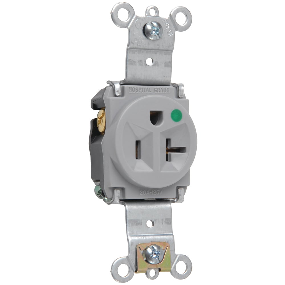8301GRY 20 Amp 125V Heavy Duty Hospital-Grade Single Receptacle, Back and Side Wire, Gray