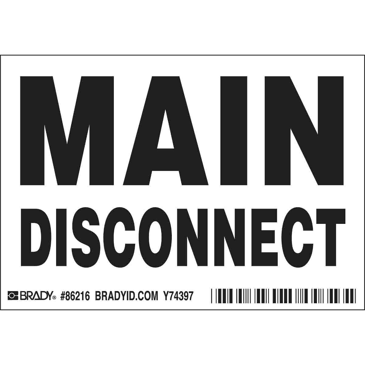 86216 Laminated Non-Reflective Rectangular Self-Adhesive Safety Label, 5 in W, MAIN DISCONNECT Legend, Black on White, B-302 Polyester, 5 per Pack Labels