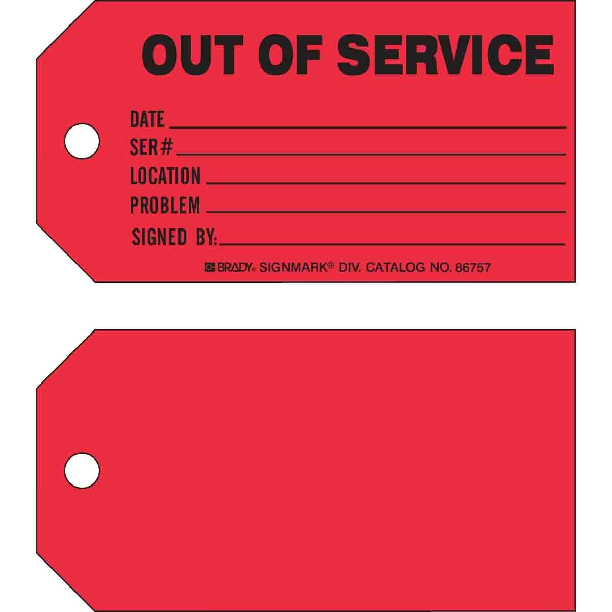 86757 1-Sided Rectangular Write-On Equipment Status Tag, 3 in H x 5-3/4 in W, Black on Red, 3/8 in Hole, B-853 Cardstock