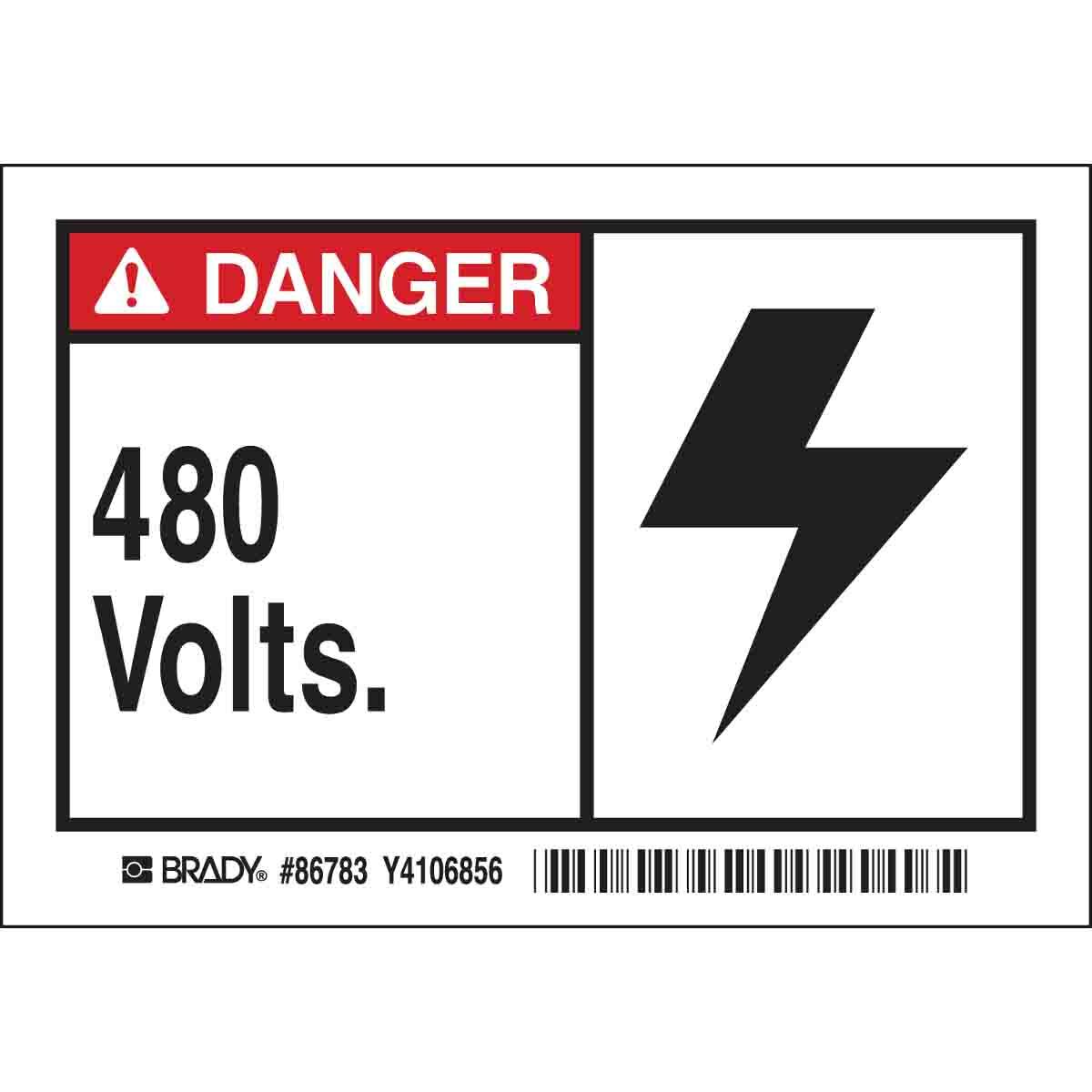 86783 Laminated Pre-Printed Self-Adhesive Machine/Equipment Label, 5 in L x 5 in W, DANGER 480 VOLTS Legend, Black/Red on White, B-302 Polyester, 5 per Pack Labels