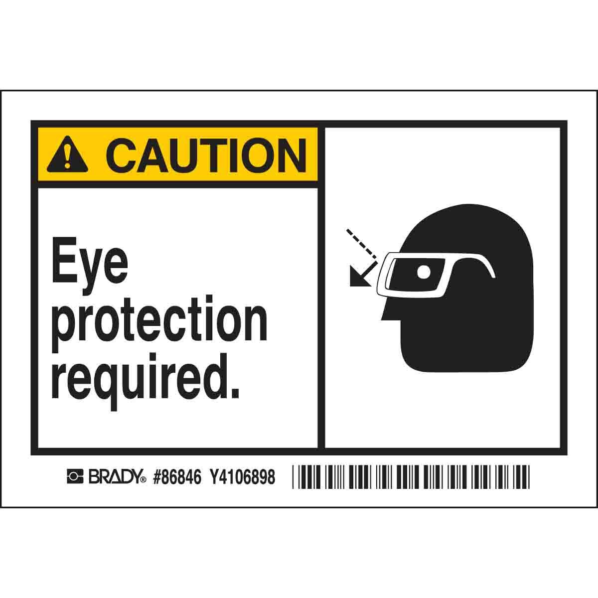 86846 Laminated Non-Reflective Rectangular Self-Adhesive Safety Label, 5 in W, CAUTION EYE PROTECTION REQUIRED. Legend, Black/Yellow on White, B-302 Polyester, 5 per Pack Labels