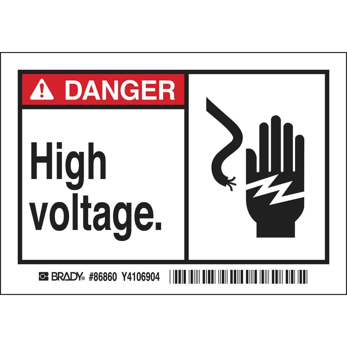 86860 High Performance Laminated Non-Reflective Rectangular Self-Adhesive Safety Label, 5 in W, DANGER HIGH VOLTAGE. Legend, Black/Red on White, B-302 Polyester, 5 per Pack Labels