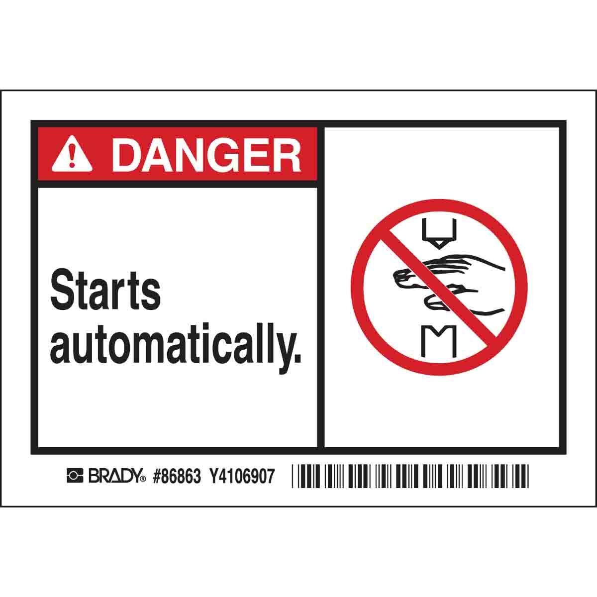 86863 High Performance Laminated Non-Reflective Rectangular Self-Adhesive Safety Label, 5 in W, DANGER Starts automatically. Legend, Black/Red on White, B-302 Polyester, 5 per Pack Labels