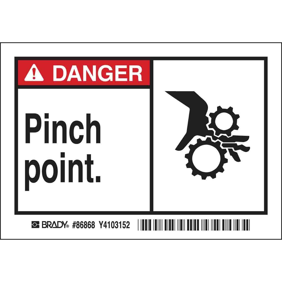 86868 High Performance Laminated Non-Reflective Rectangular Self-Adhesive Safety Label, 5 in W, DANGER PINCH POINT Legend, Black/Red on White, B-302 Polyester, 5 per Pack Labels