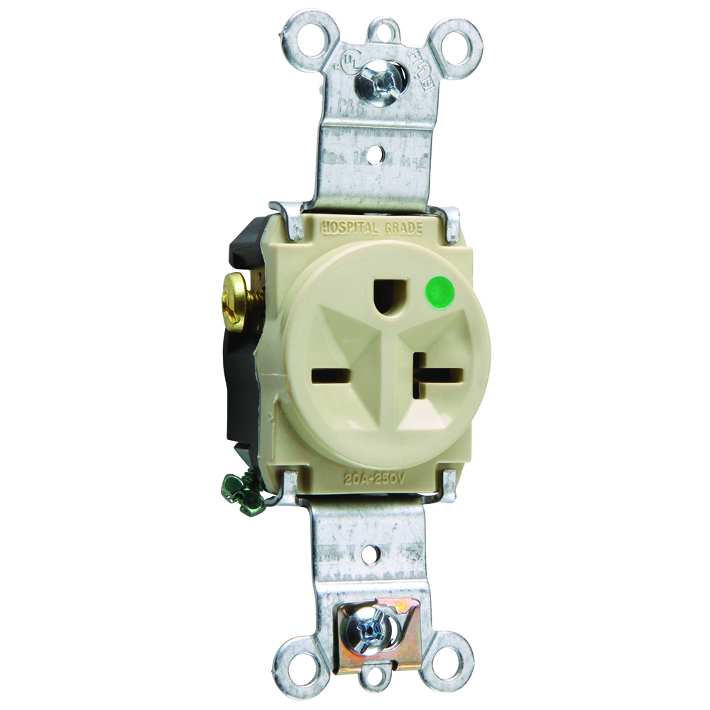 8801I Heavy Duty Single Receptacle, Back and Side Wire, 20 Amp, 250V, Ivory