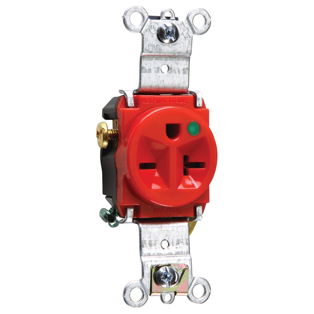 8801RED Heavy Duty Single Receptacle, Back and Side Wire, 20 Amp, 250V, Red