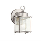 The one light New Street Wall Lantern features a classic profile with Sterling Silver finish and clear glass panels. It uses a 60-watt (max.) bulb, measures 8in. high, and is U.L. listed for wet location.